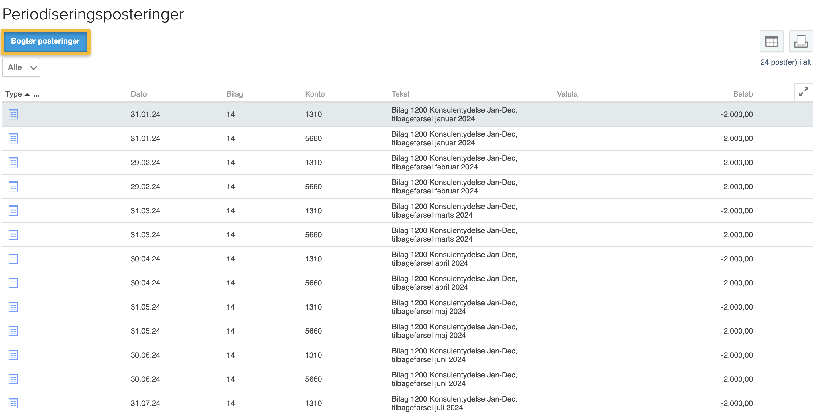 Viser knappen 'Bogfør posteringer' i vinduet Periodiseringsposteringer – bruges til at gennemse og bogføre den valgte periodisering.