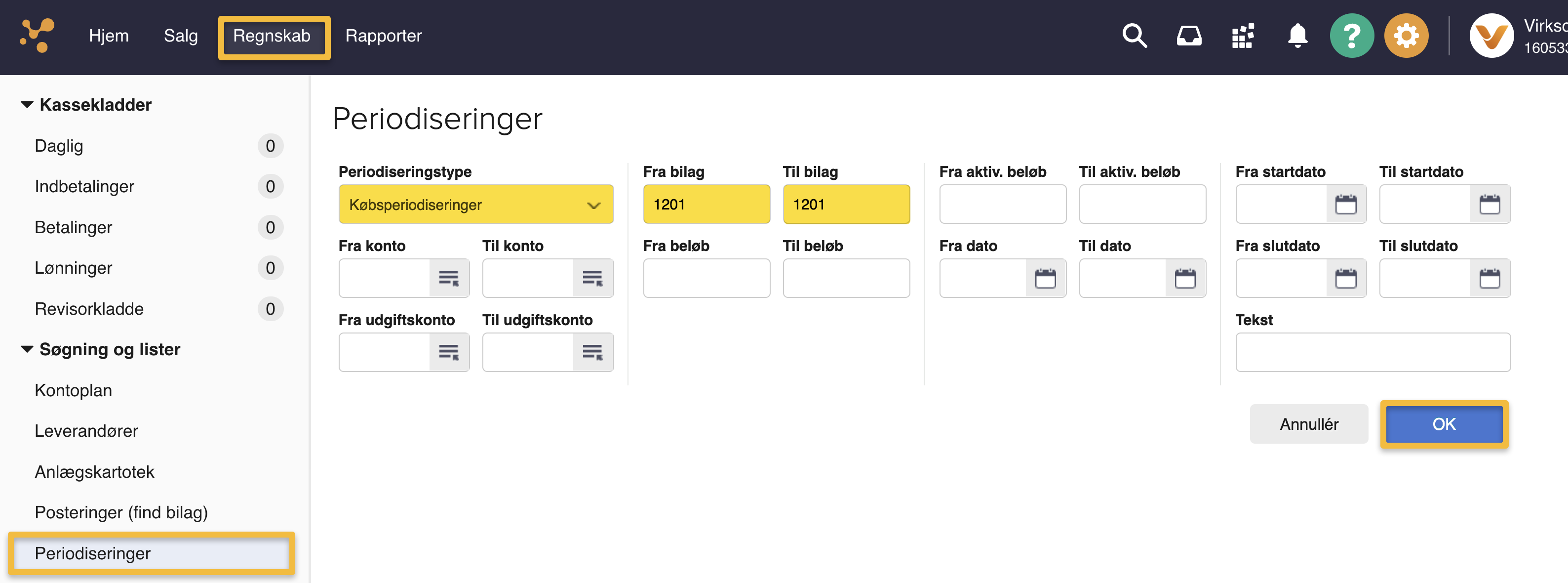 Viser søgefelterne i Periodiseringer – bruges til at finde den periodisering, der skal ændres.