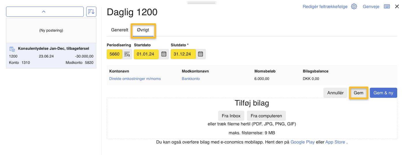 Viser fanen Øvrigt for en ny postering i en kassekladde – bruges til at angive periodiseringsoplysninger ved en manuel tilbageførsel.
