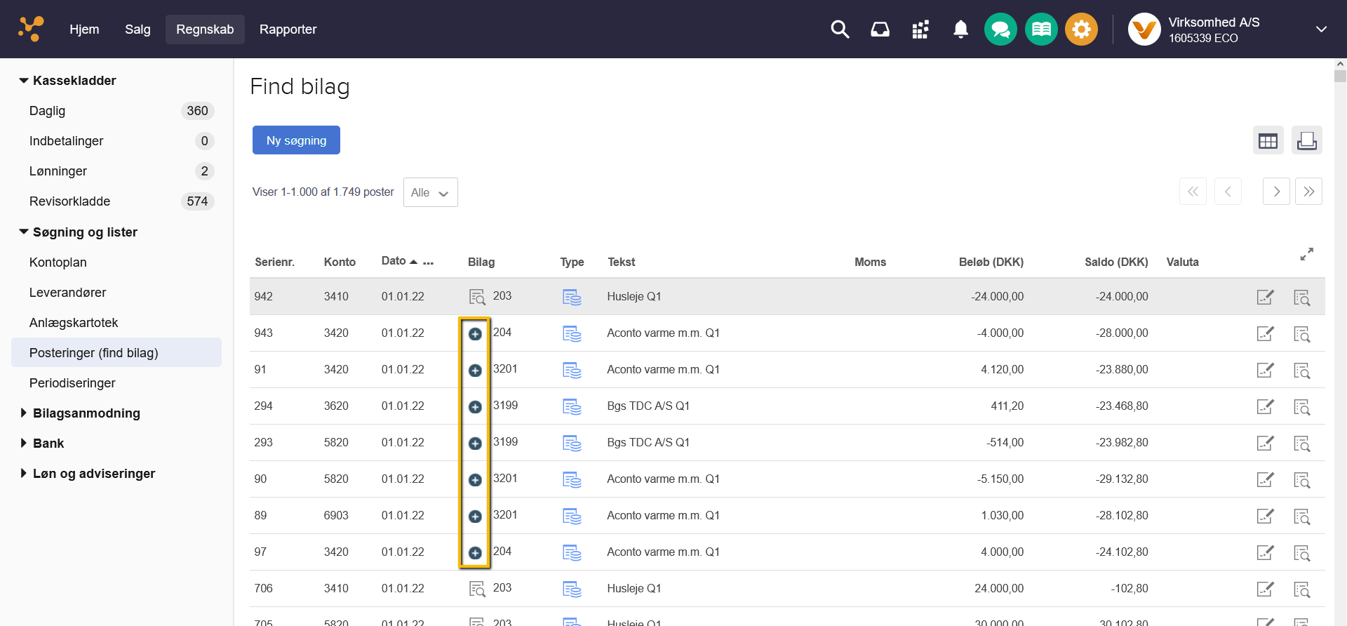 Viser plus-ikonet i bilagskolonnen i Posteringer (find bilag) – bruges til at vedhæfte et bilag til en bogført postering.