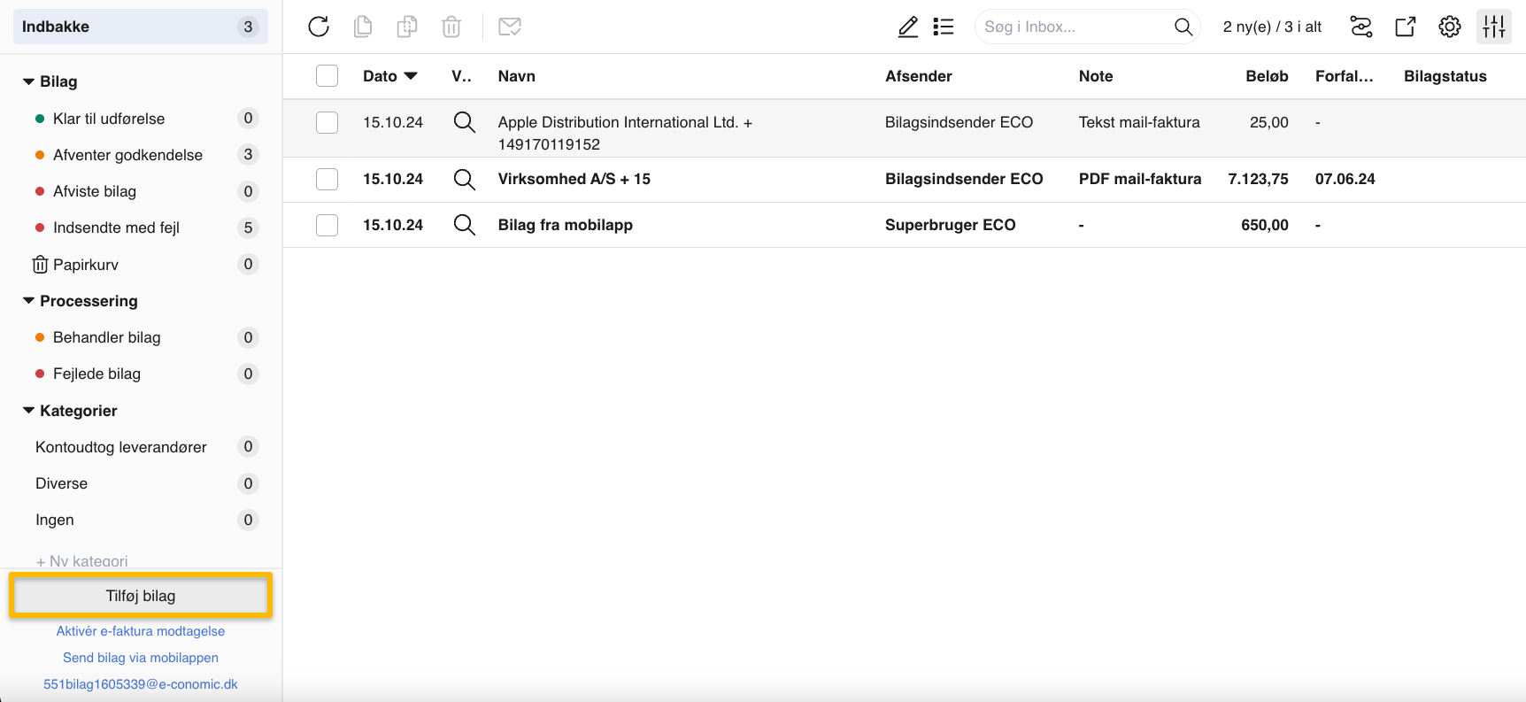 Viser knappen "Tilføj bilag" i Indbakken – bruges til at overføre bilag fra computeren.