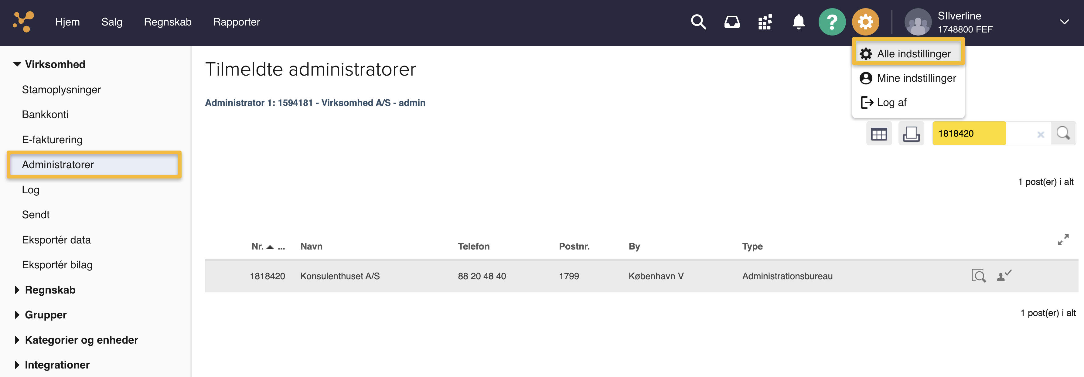 Viser menupunktet "Administratorer" i Alle indstillinger – bruges til at tilføje en koncernaftale som administrator.