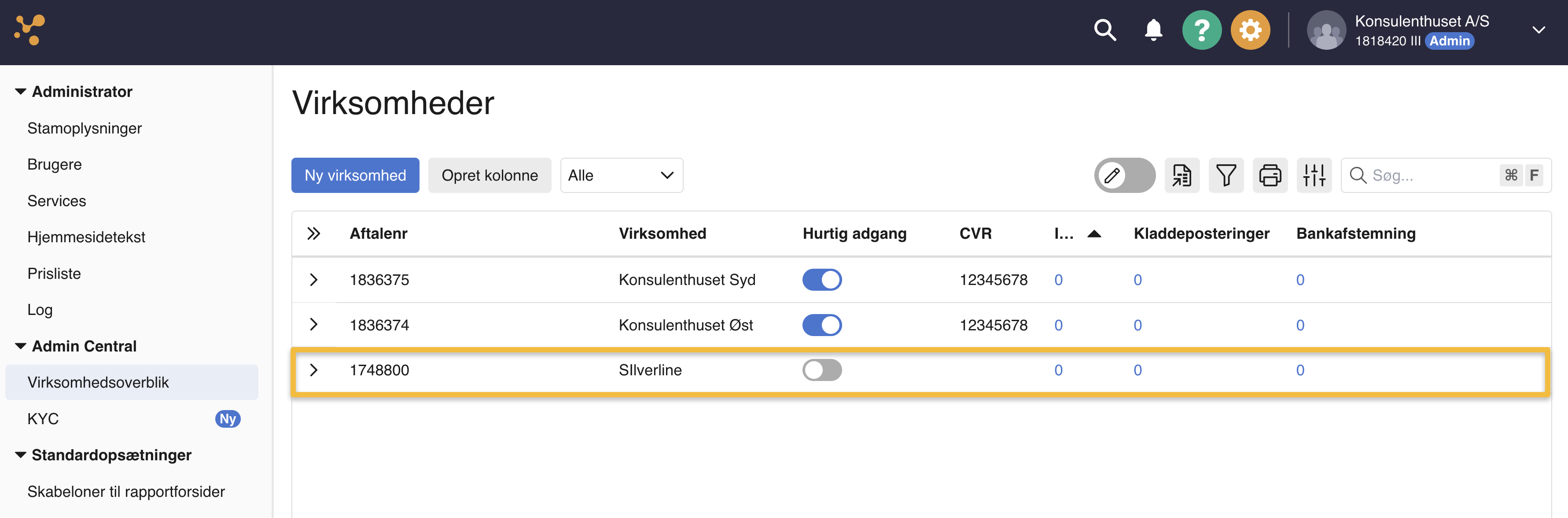 Viser den tilføjede virksomhed i virksomhedsoverblikket på koncernaftalen – bruges til at bekræfte, at adgangen er givet.