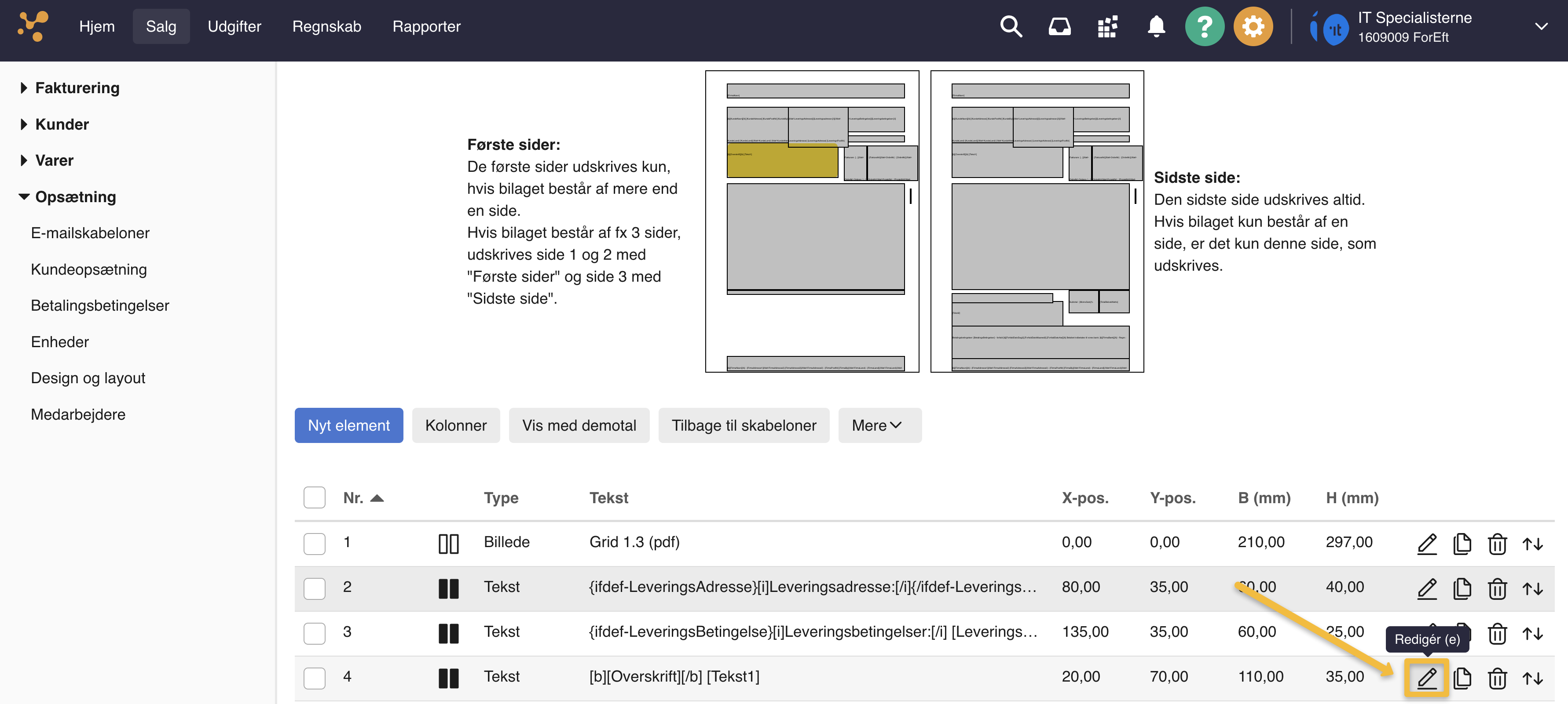 Viser Redigér-ikonet på en elementlinje i Design og layout – bruges til at redigere et element i en skabelon.