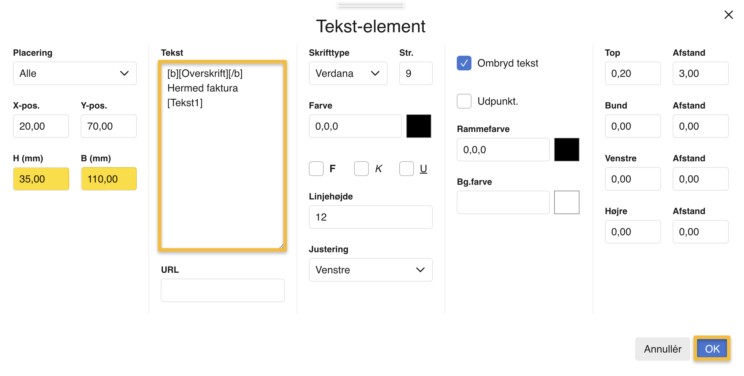 Viser dialogboksen 'Tekst-element' i Design og layout – bruges til at indsætte tekst og justere størrelsen på et element i en skabelon.