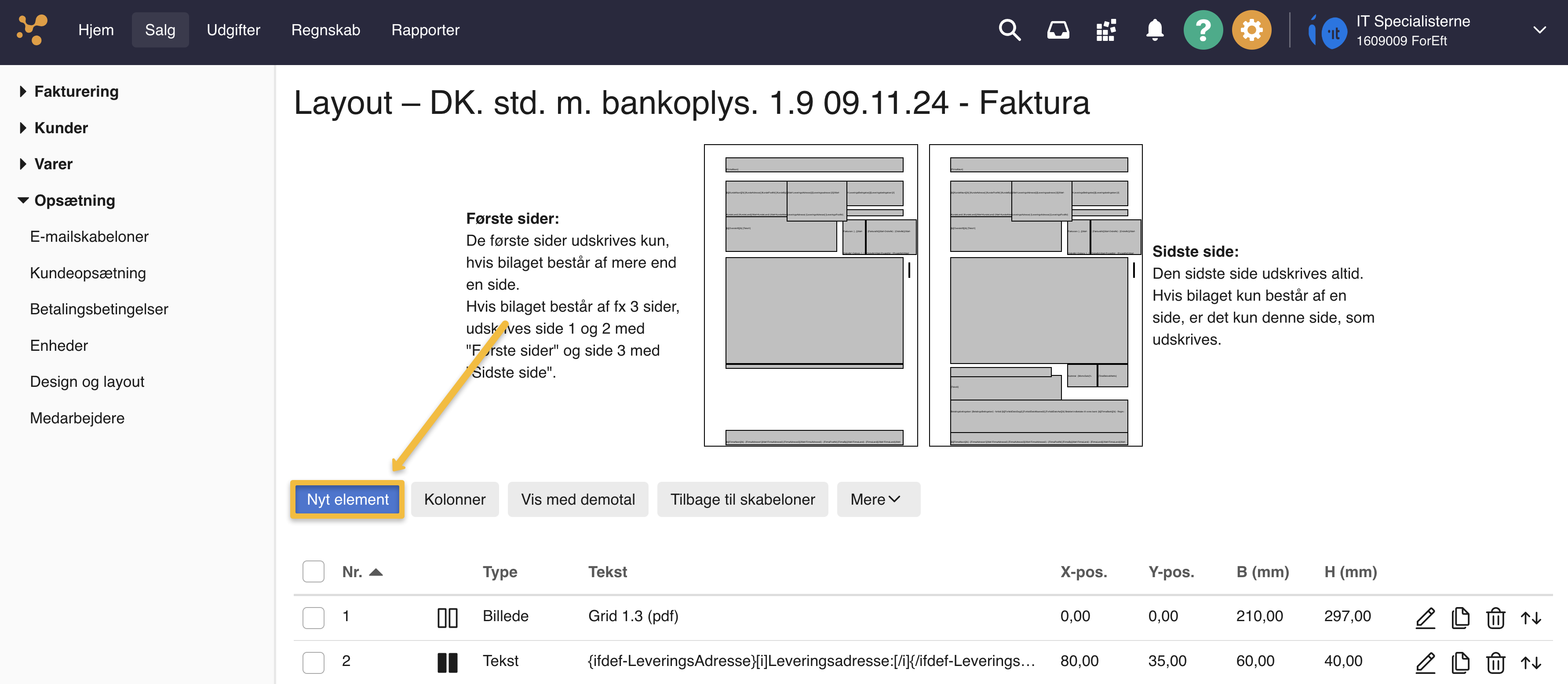 Viser 'Nyt element'-knappen i layout-editoren – bruges til at oprette et nyt element på en fakturaskabelon.