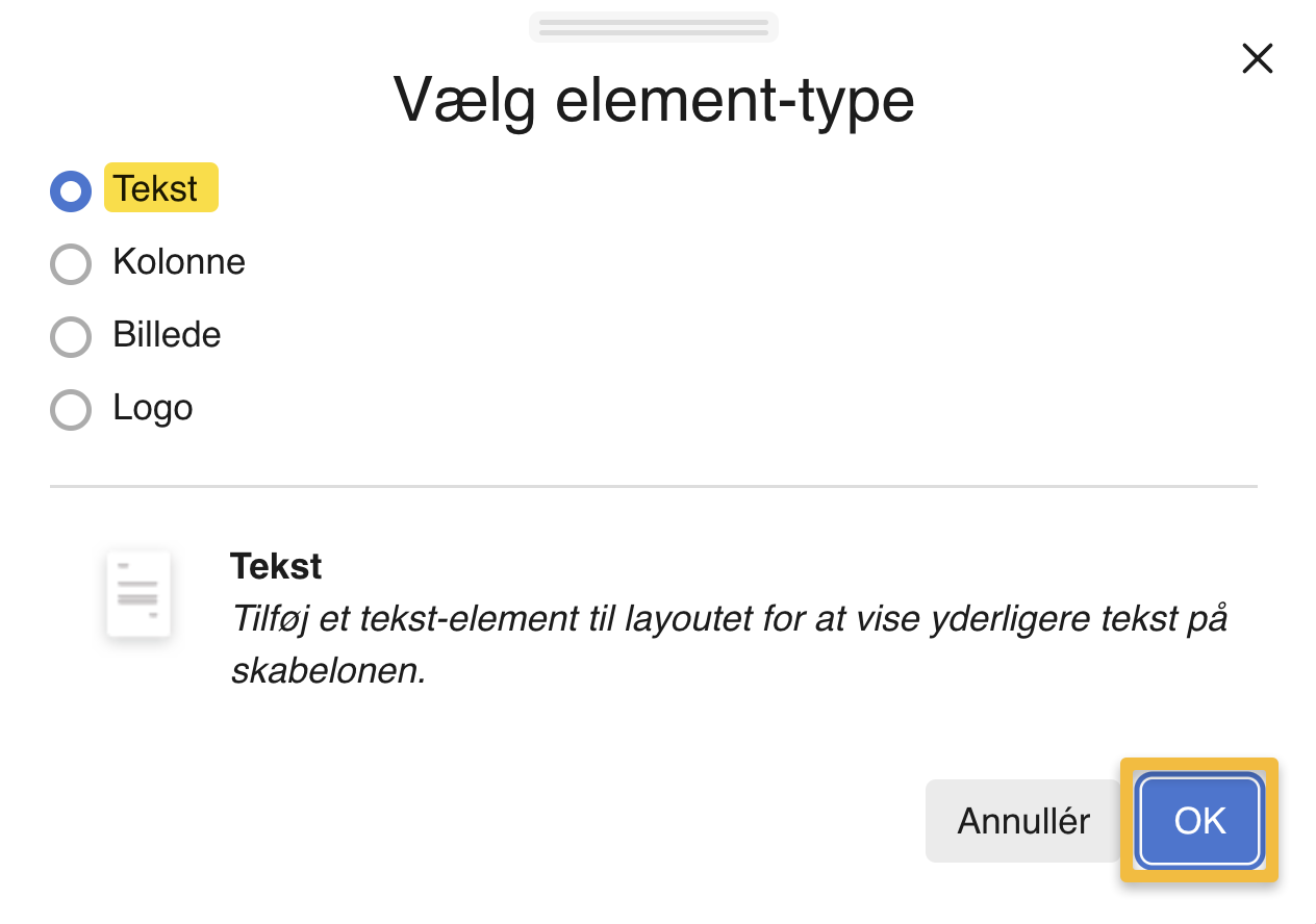 Viser valg af element-typen 'Tekst' i skabelonlayout – bruges til at oprette et nyt tekst-element på en fakturaskabelon.