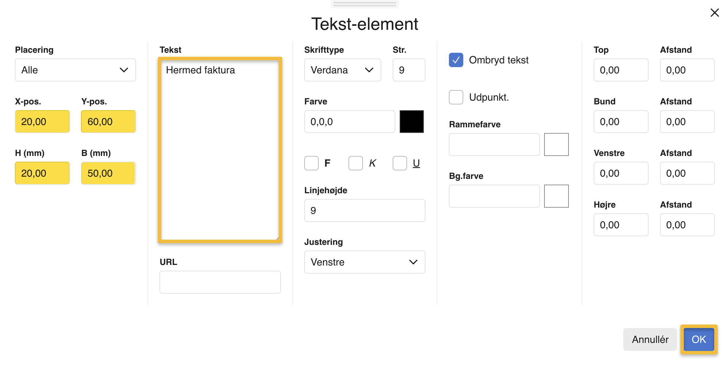 Viser dialogboksen Tekst-element i skabelonlayoutet – bruges til at oprette et nyt tekstelement og definere dets indhold, placering og størrelse.