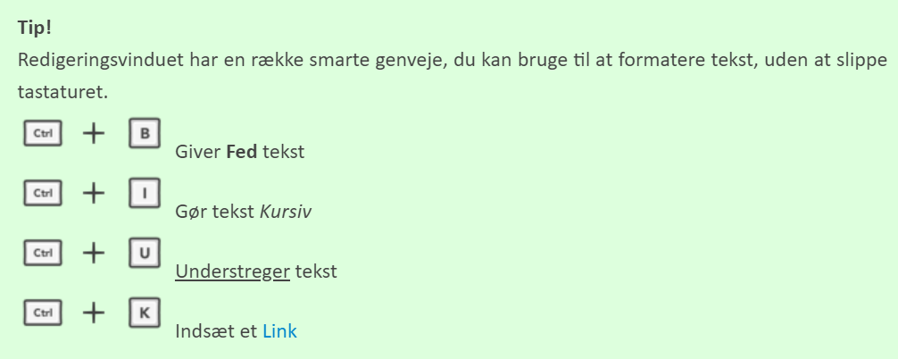 Viser en liste over tastaturgenveje til tekstformatering i redigeringsvinduet for rapportforsider – bruges til at hurtigt formatere teksten i en rapportforside-skabelon.