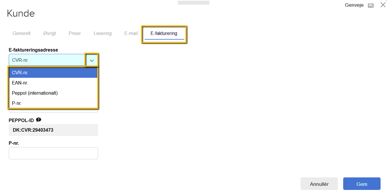 Viser dropdown-menuen 'E-faktureringsadresse' i kundekortets 'E-fakturering'-faneblad – bruges til at vælge den korrekte type e-faktureringsadresse for en kunde.