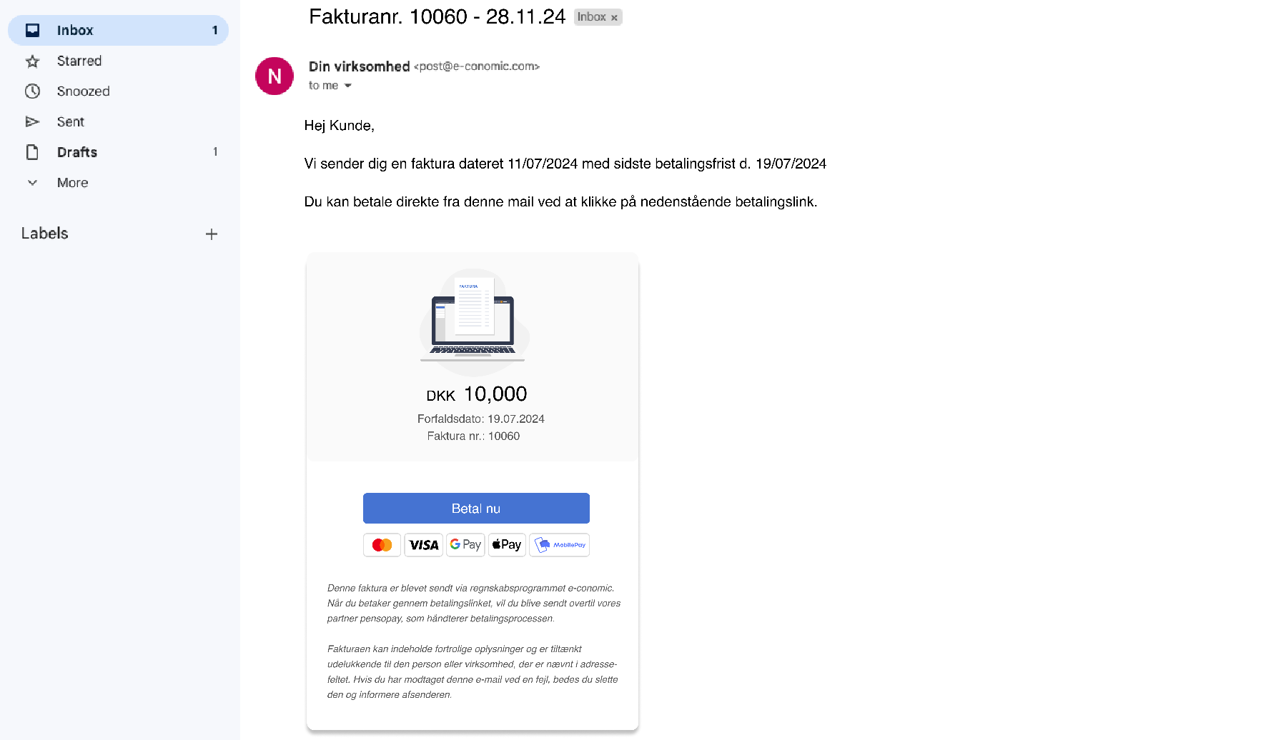 Viser en faktura med betalingslink i kundens e-mail – bruges til at vise, hvordan kunden kan betale regningen.