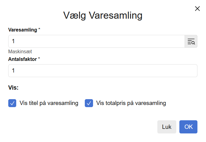 Viser vinduet 'Vælg Varesamling' i fakturering – bruges til at tilføje en varesamling til en faktura.
