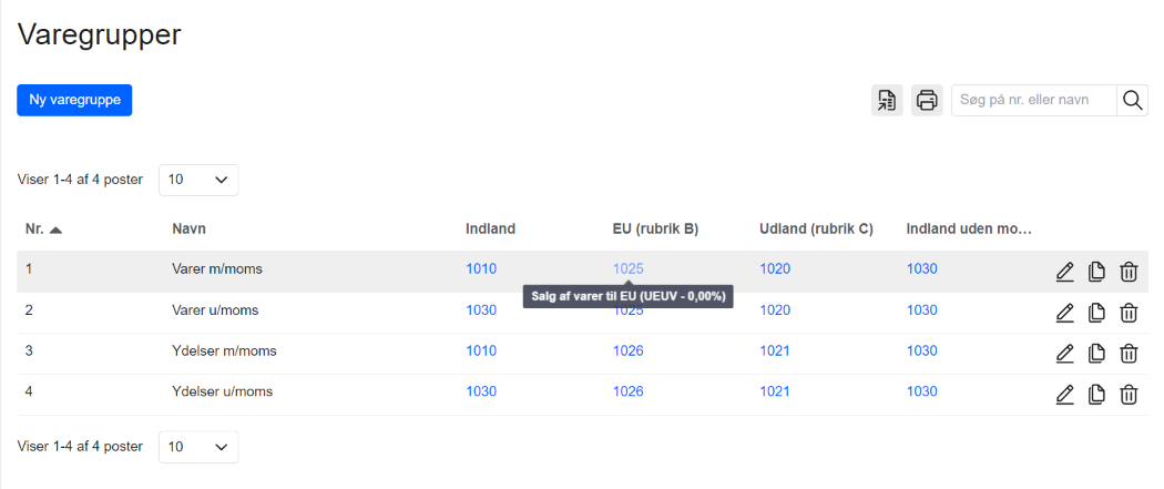 Viser en oversigt over varegruppers kontoopsætning i Varegrupper – bruges til at kontrollere, hvilken konto der anvendes ved salg til forskellige regioner.