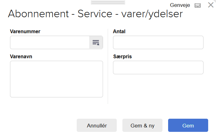Viser dialogboksen til tilføjelse af varer/ydelser i Abonnementsmodulet – bruges til at tilføje varer eller ydelser til et abonnement.