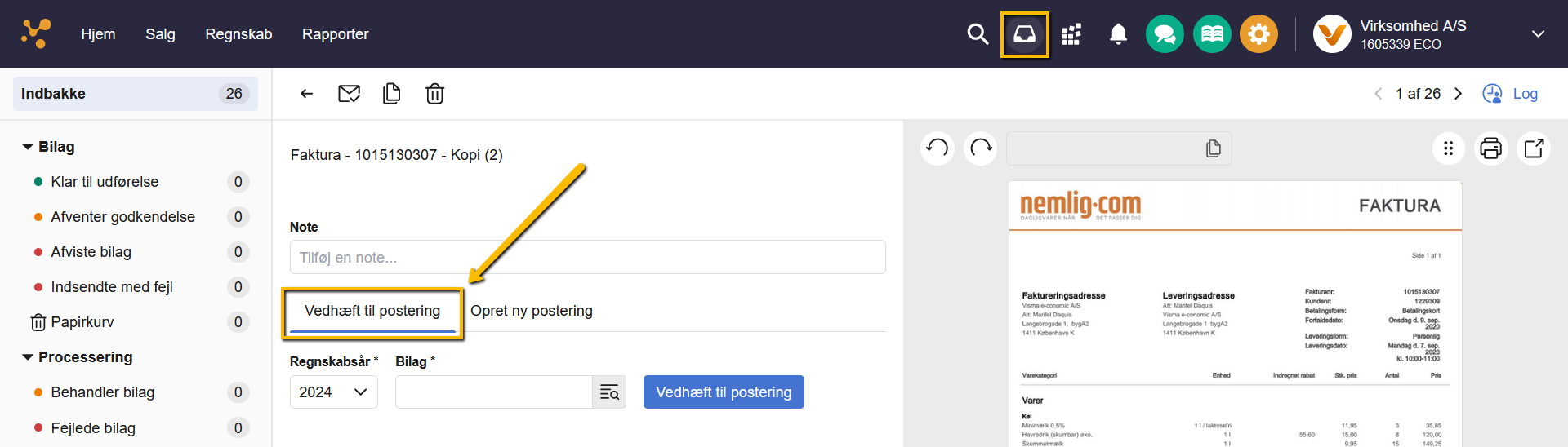 Viser funktionen 'Vedhæft til postering' i Indbakken – bruges til at vedhæfte et bilag til en eksisterende postering.