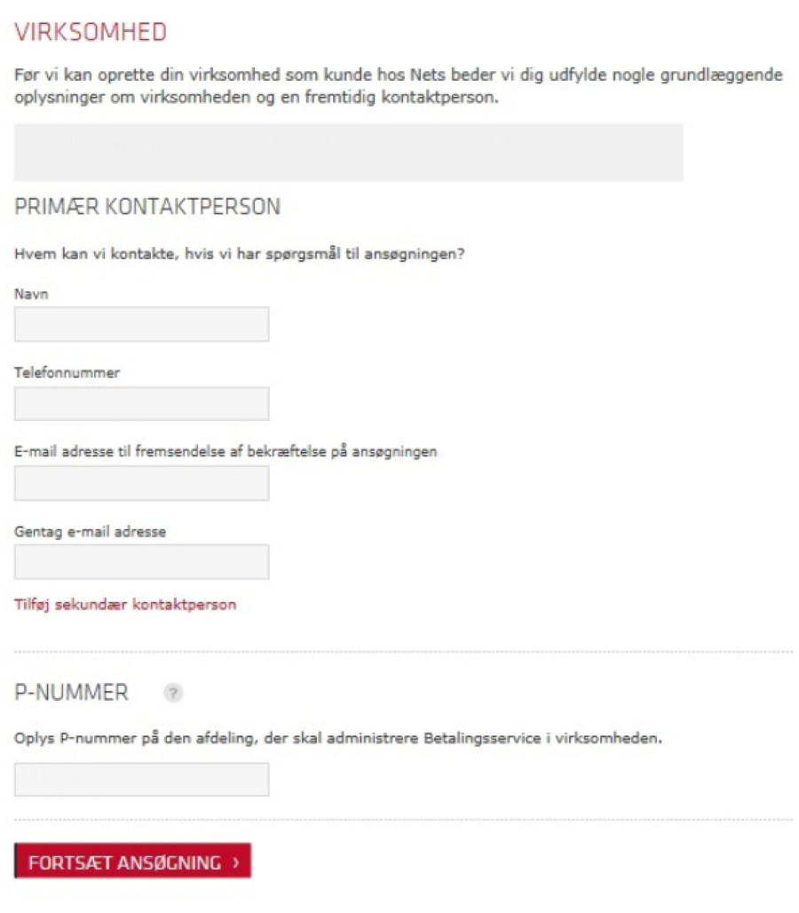 Viser indtastningsfelter i Nets-ansøgningsformularen – bruges til at indtaste virksomhedens stamoplysninger og angive en kontaktperson.