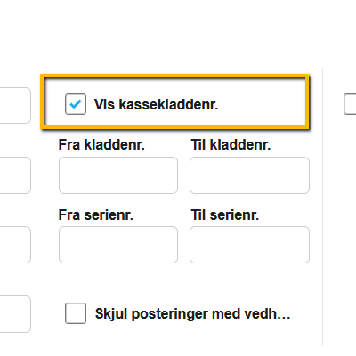 Viser afkrydsningsfeltet 'Vis kassekladdenr.' i loggen – bruges til at søge efter posteringer ud fra deres kassekladdenummer.