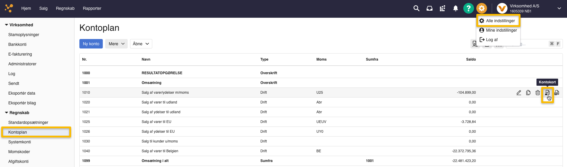 Viser "Kontokort"-ikonet i kontoplanen – bruges til at vise posteringer for den valgte konto.