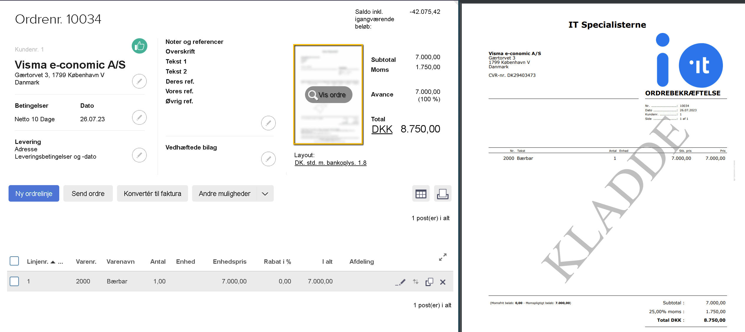 Viser knappen "Vis ordre" i en ordrekladde – bruges til at vise, gemme eller udskrive ordren.