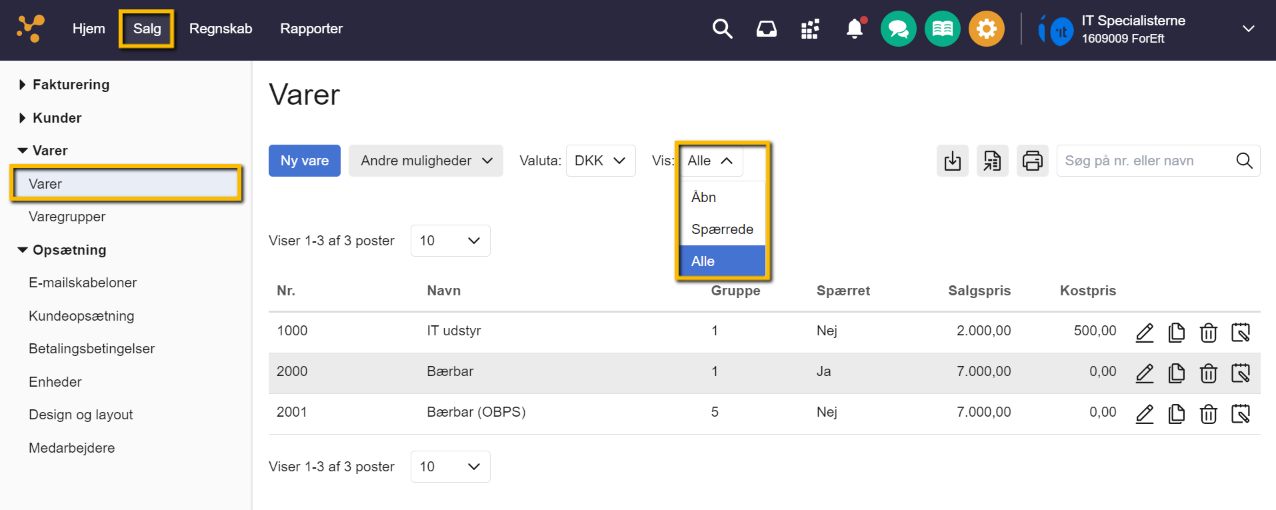Viser rullemenuen 'Vis' i vareoversigten – bruges til at filtrere listen over varer.