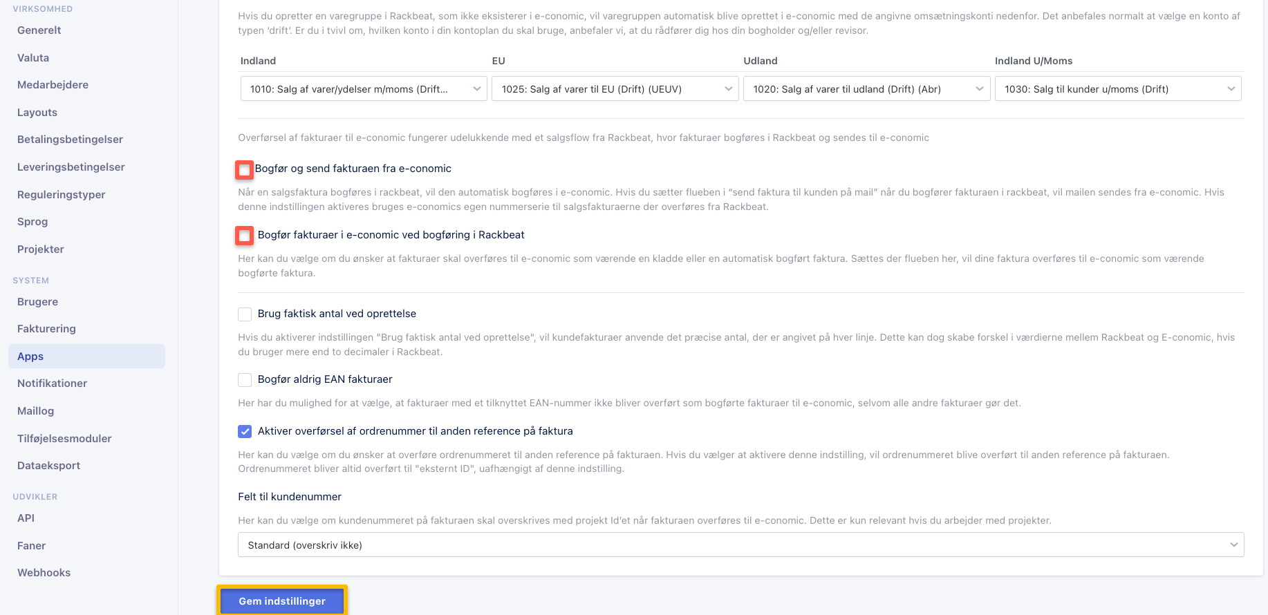 Viser indstillingerne for Rackbeat-integrationen i Apps-modulet – bruges til at konfigurere, hvordan fakturadata overføres til e-conomic.