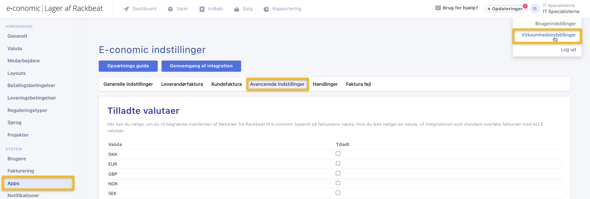 Viser fanen Avancerede Indstillinger i Rackbeat-integrationen – bruges til at finde opsætningen for webhooks.