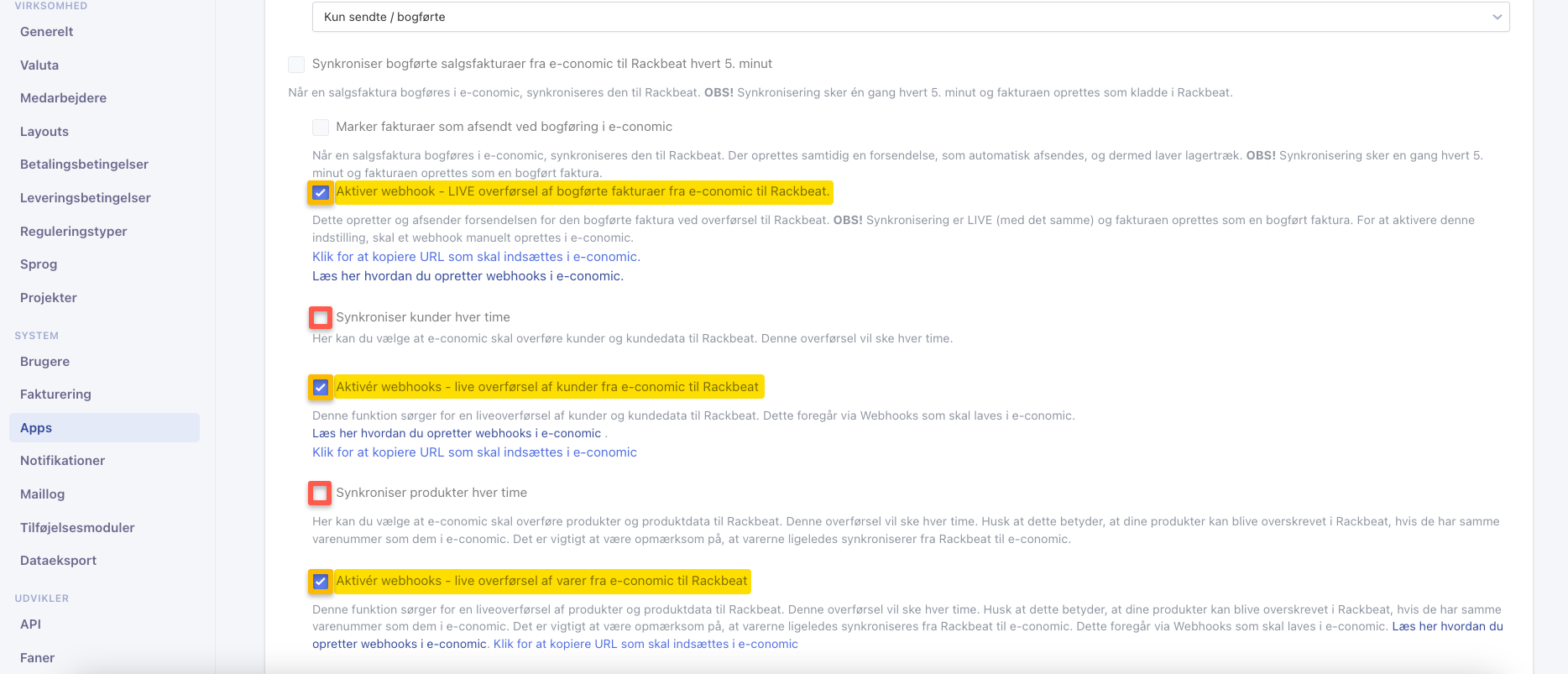 Viser aktivering af webhooks i Rackbeat-appens indstillinger – bruges til at starte live-overførsel af data til Rackbeat.