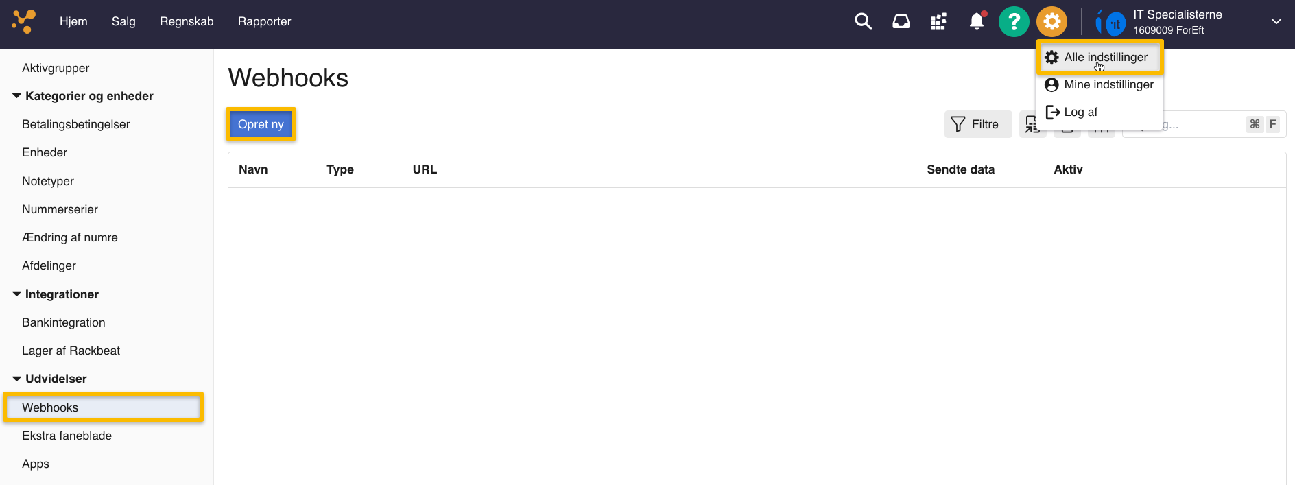 Viser Webhooks-oversigten i Alle indstillinger – bruges til at oprette et nyt webhook.