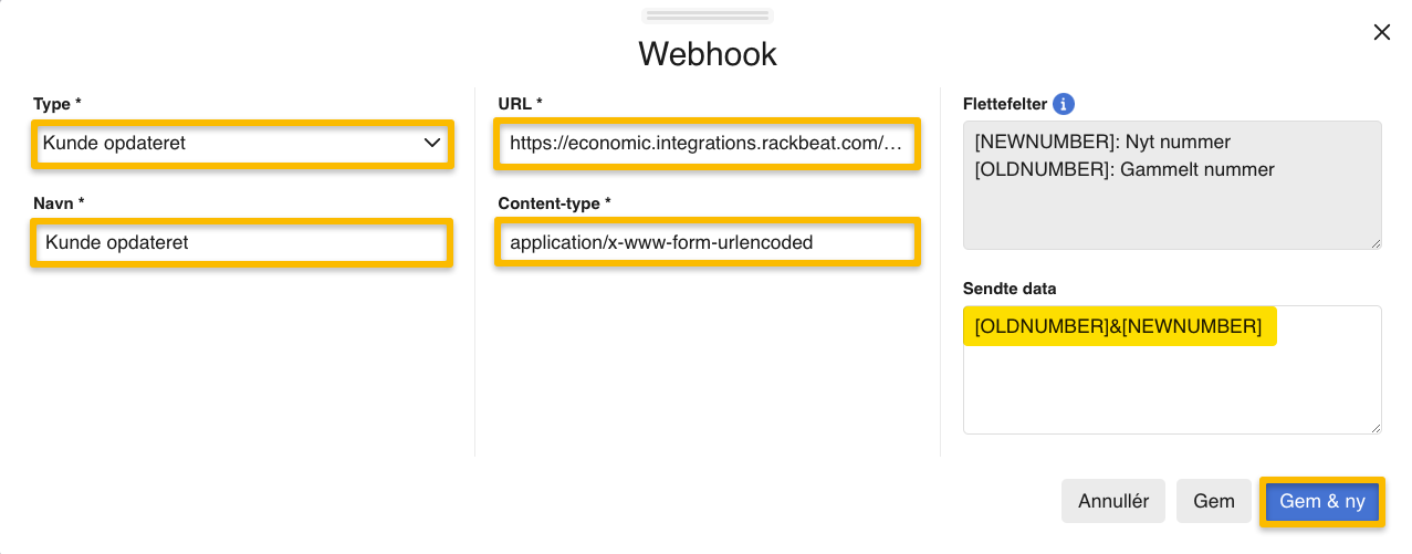 Viser en udfyldt webhook-formular i webhook-opsætningen – bruges til at oprette en automatisk notifikation til Rackbeat, når en kunde opdateres.