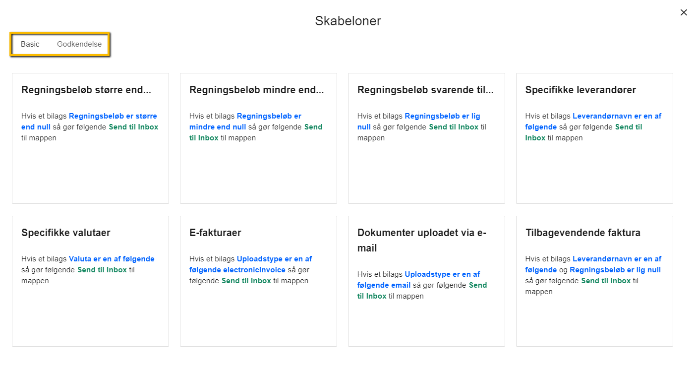 Viser oversigten over skabeloner i Bilag Workflow – bruges til at oprette et nyt Bilag Workflow baseret på en foruddefineret arbejdsgang.