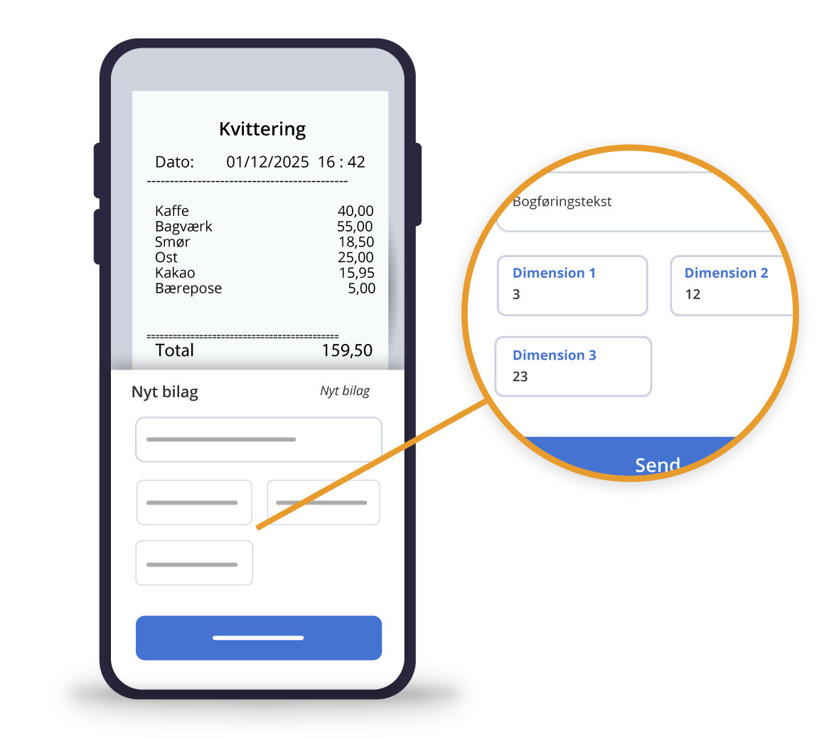 Et billede af en smartphone med en kvittering og nogle indstillinger til e-conomics funktion Dimensioner