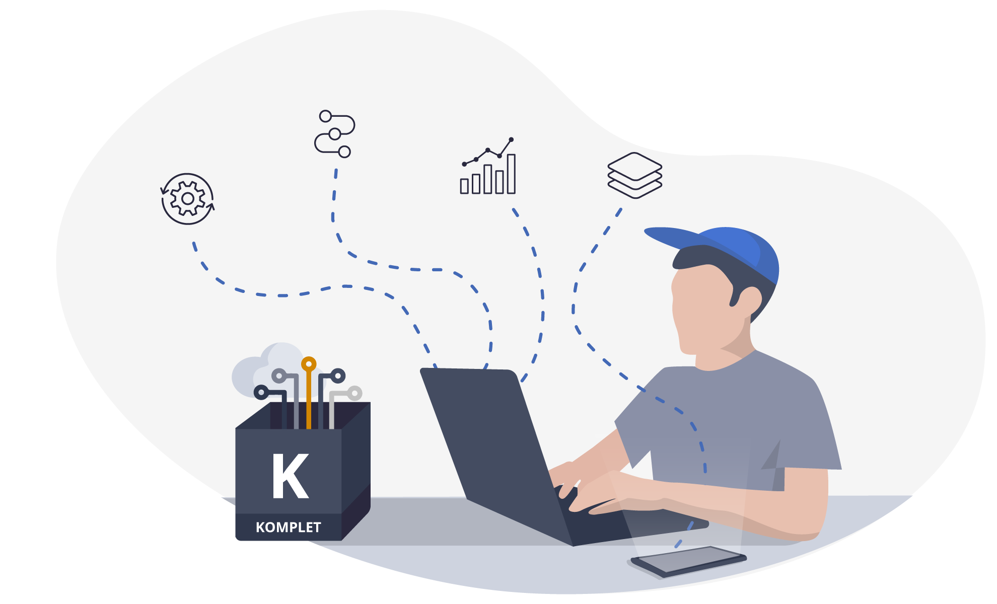 En illustration af en person med kasket, der sidder ved en computer, hvor der flyver ikoner op fra computeren og hans telefon ved siden af computeren. Bagved står en kasse med et stort "K" på