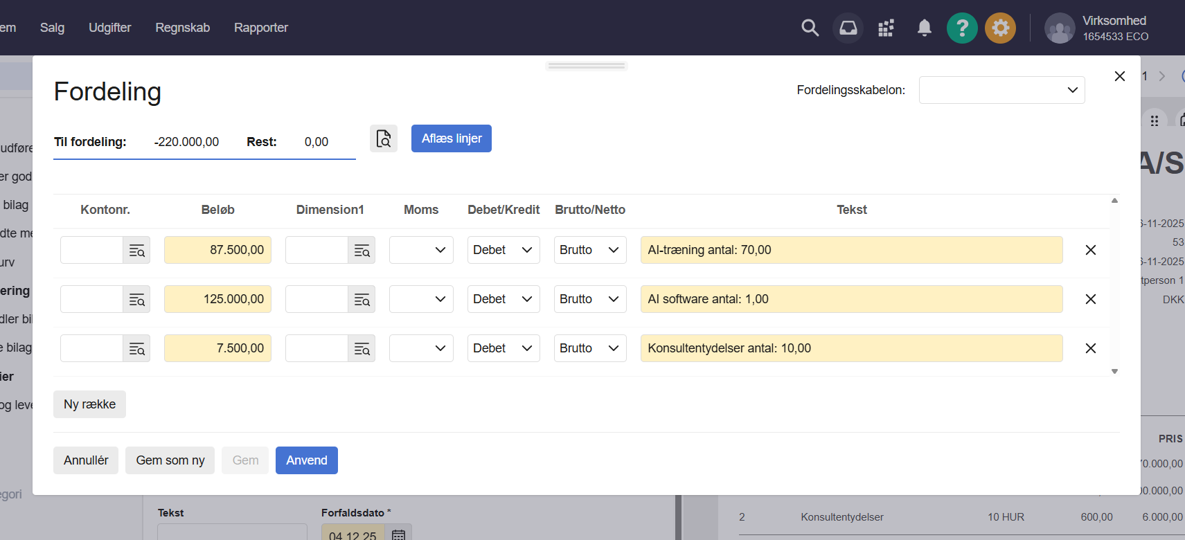 Viser fordelingsvinduet i Inbox med automatisk indlæste varelinjer – bruges til at kontrollere og tilpasse fordeling af beløb