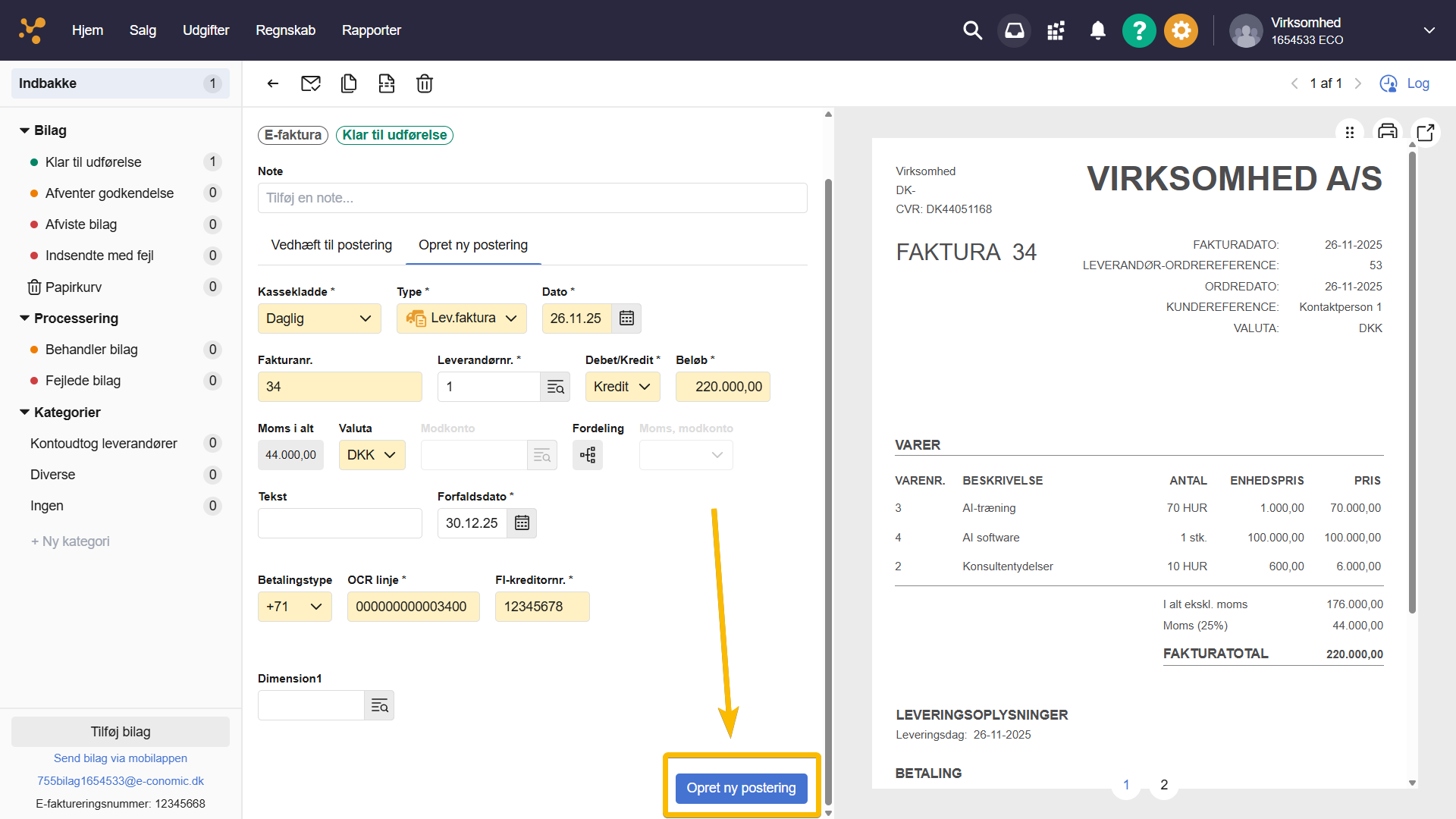 Viser knappen Opret ny postering i modulet Inbox – bruges til at oprette en postering ud fra et bilag