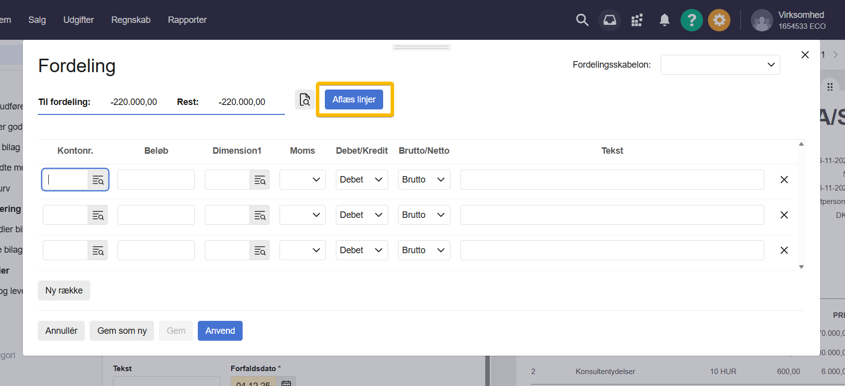 Viser tomt fordelingsvindue i Inbox – bruges til at angive manuelle fordelingslinjer eller aflæse nye.