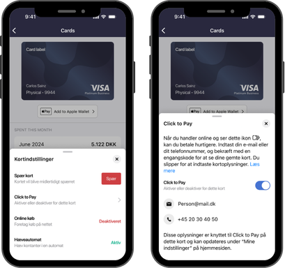 Begge telefonskærme viser kortindstillinger for et Visa-kort i mobilbanken.  Venstre skærm giver overblik over kortoplysninger, seneste forbrug og muligheder for at spærre kortet samt aktivere eller deaktivere funktioner som Click to Pay og onlinekøb. Højre skærm viser en forklaring på Click to Pay, hvor funktionen kan slås til eller fra, og hvor de tilknyttede kontaktoplysninger fremgår.