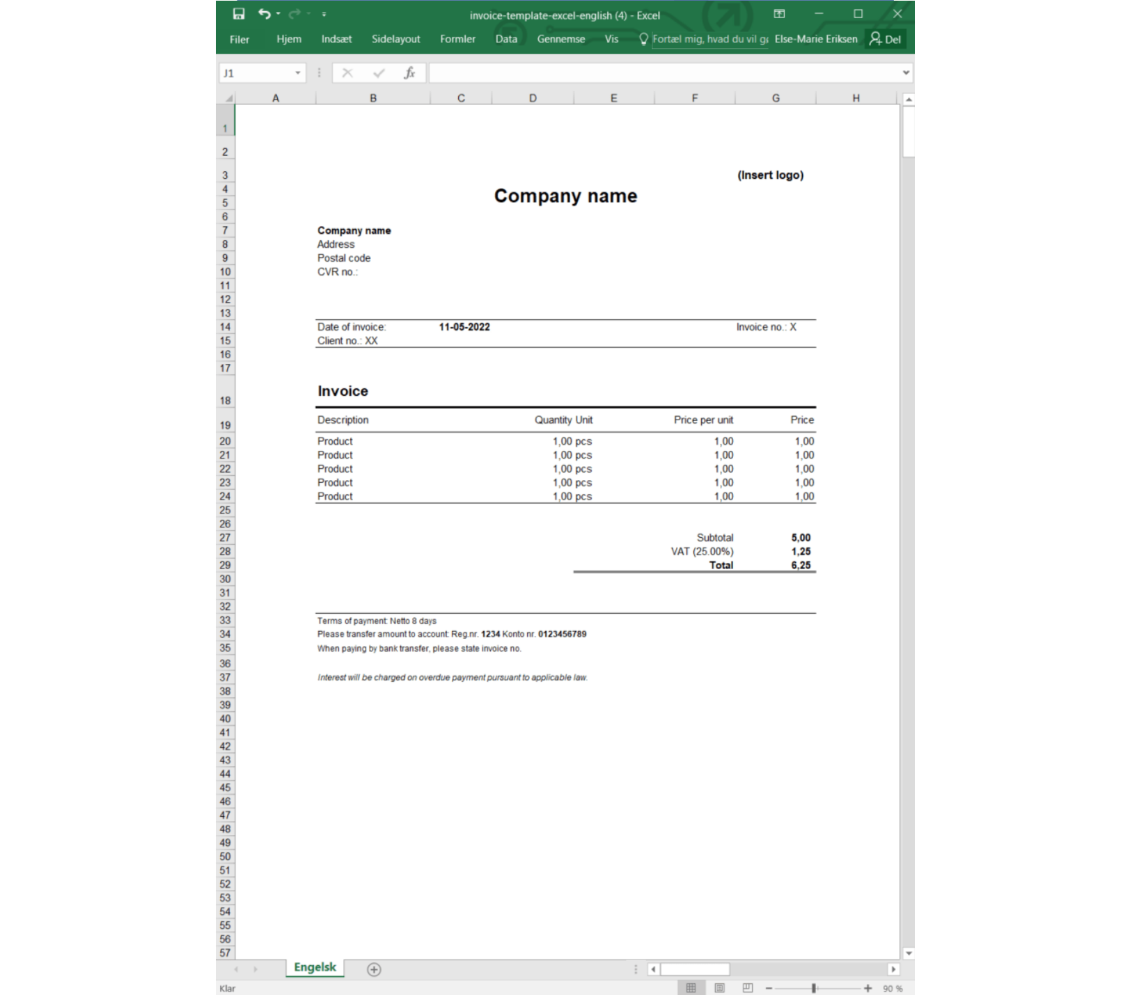 Et billede af en fakturaskabelon