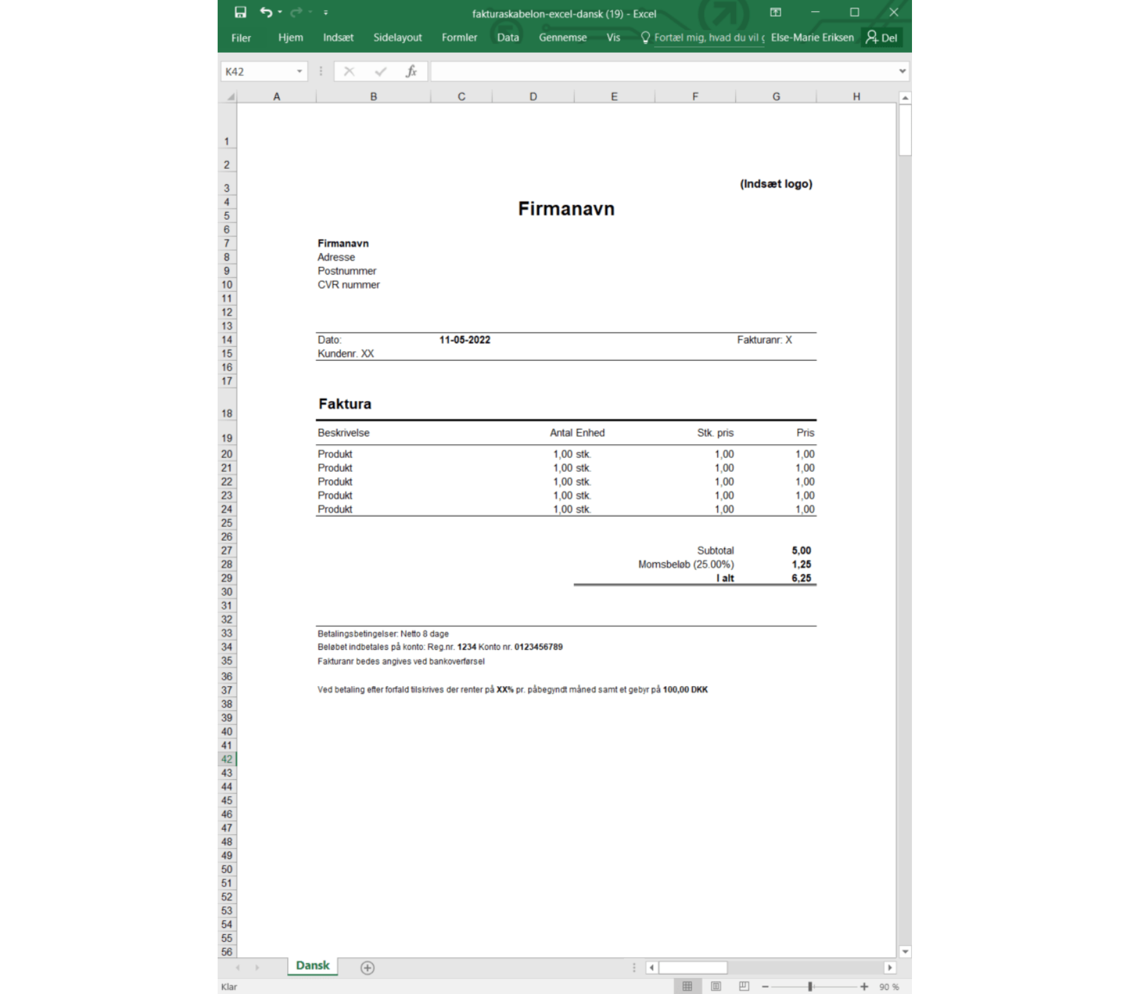 Et billede af en fakturaskabelon