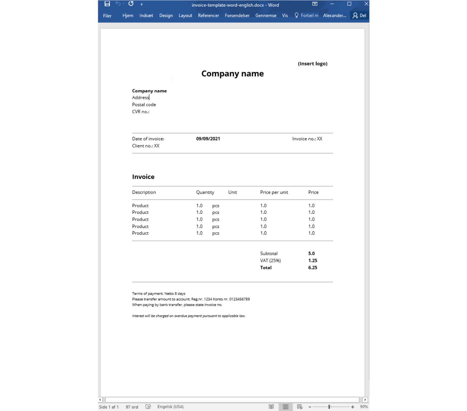 Et billede af en fakturaskabelon