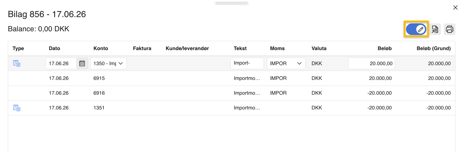 Viser redigeringsknap for bilag i regnskabsmodulet – bruges til at åbne bilaget for redigering