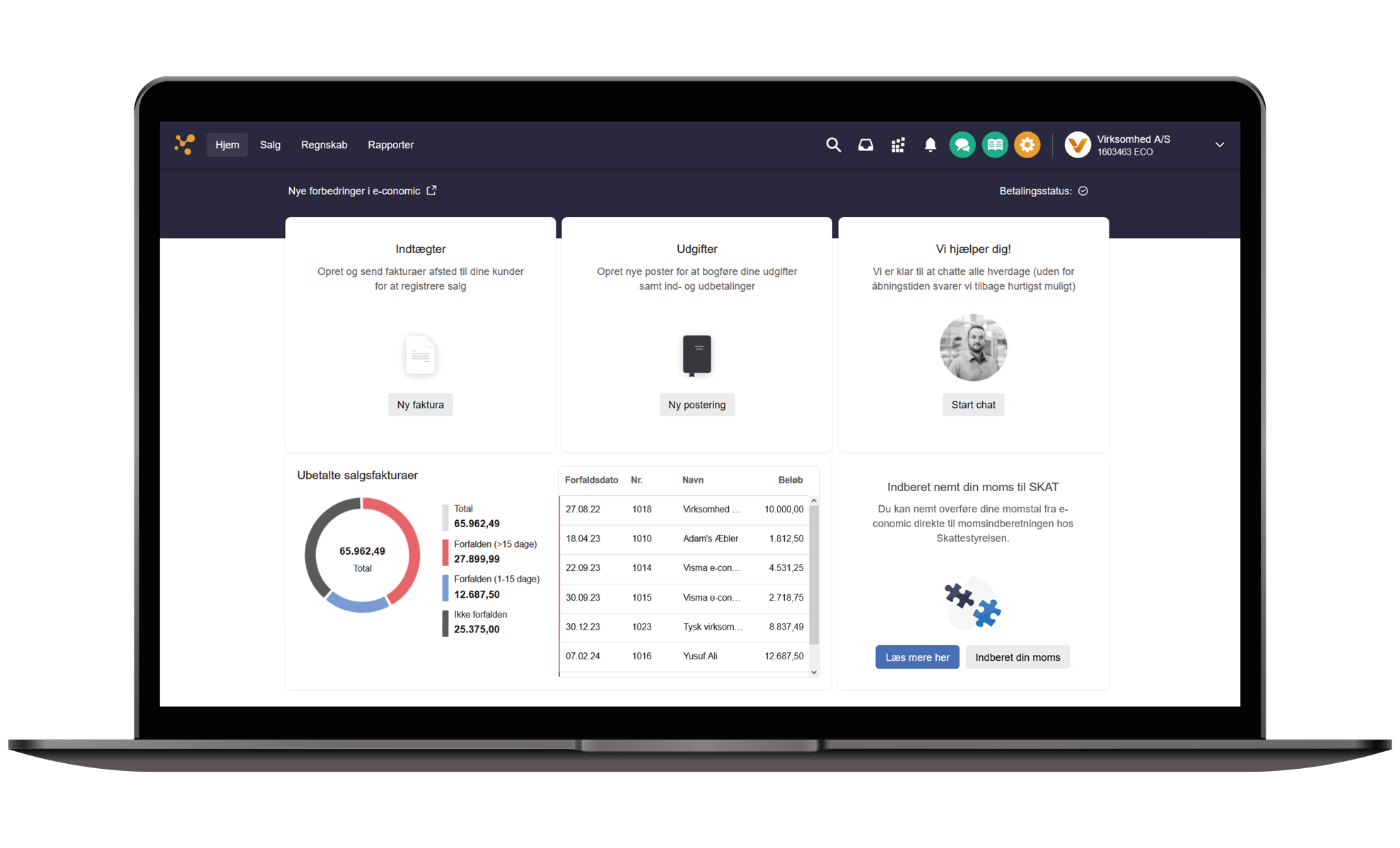 Et billede af en computerskærm med e-conomic på baggrunden