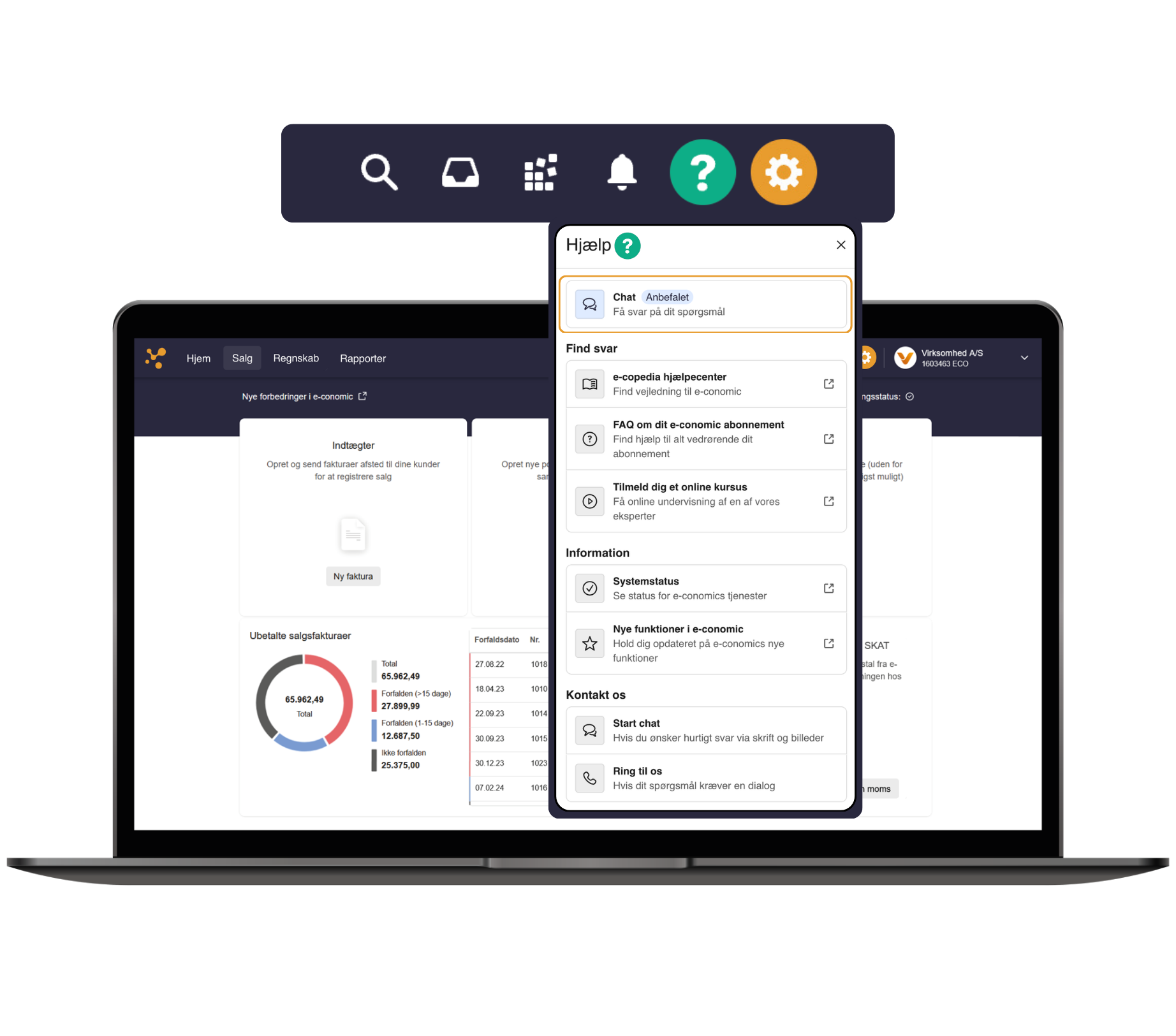 Et billede af en computer skærm, hvor der er fokus på e-conomics hjælpemenu