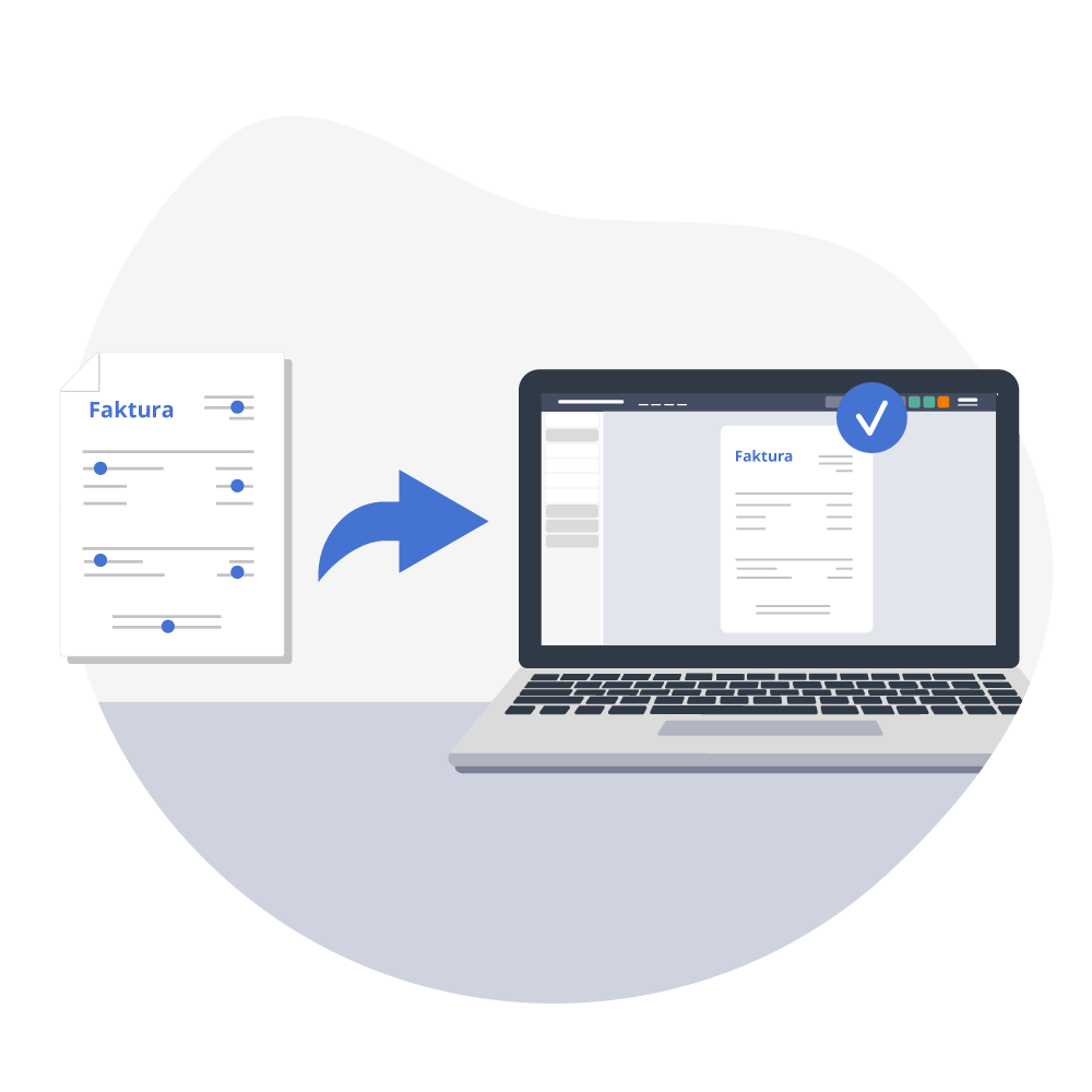 En illustration af en computer og en faktura på papir med en pil, der peger fra fakturaen og ind på computerskærmen