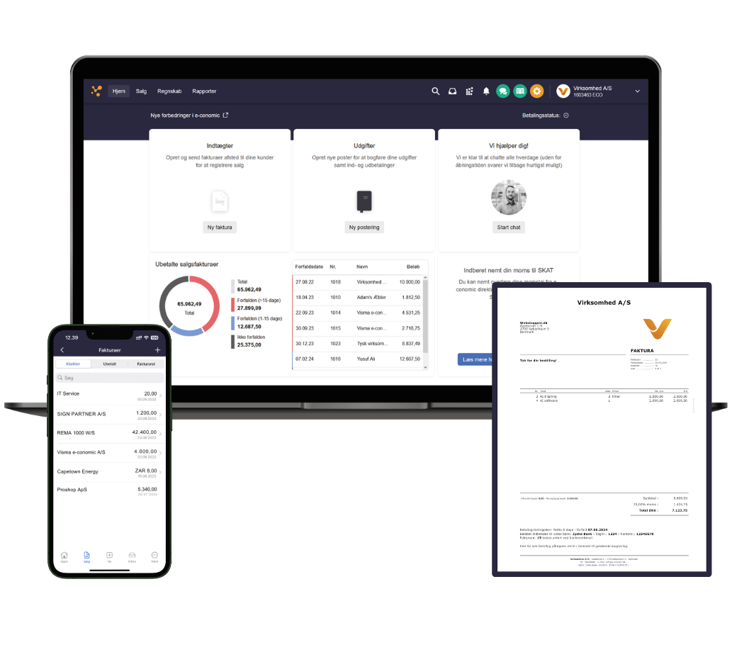 Et billede af e-conomic på flere forskellige devices