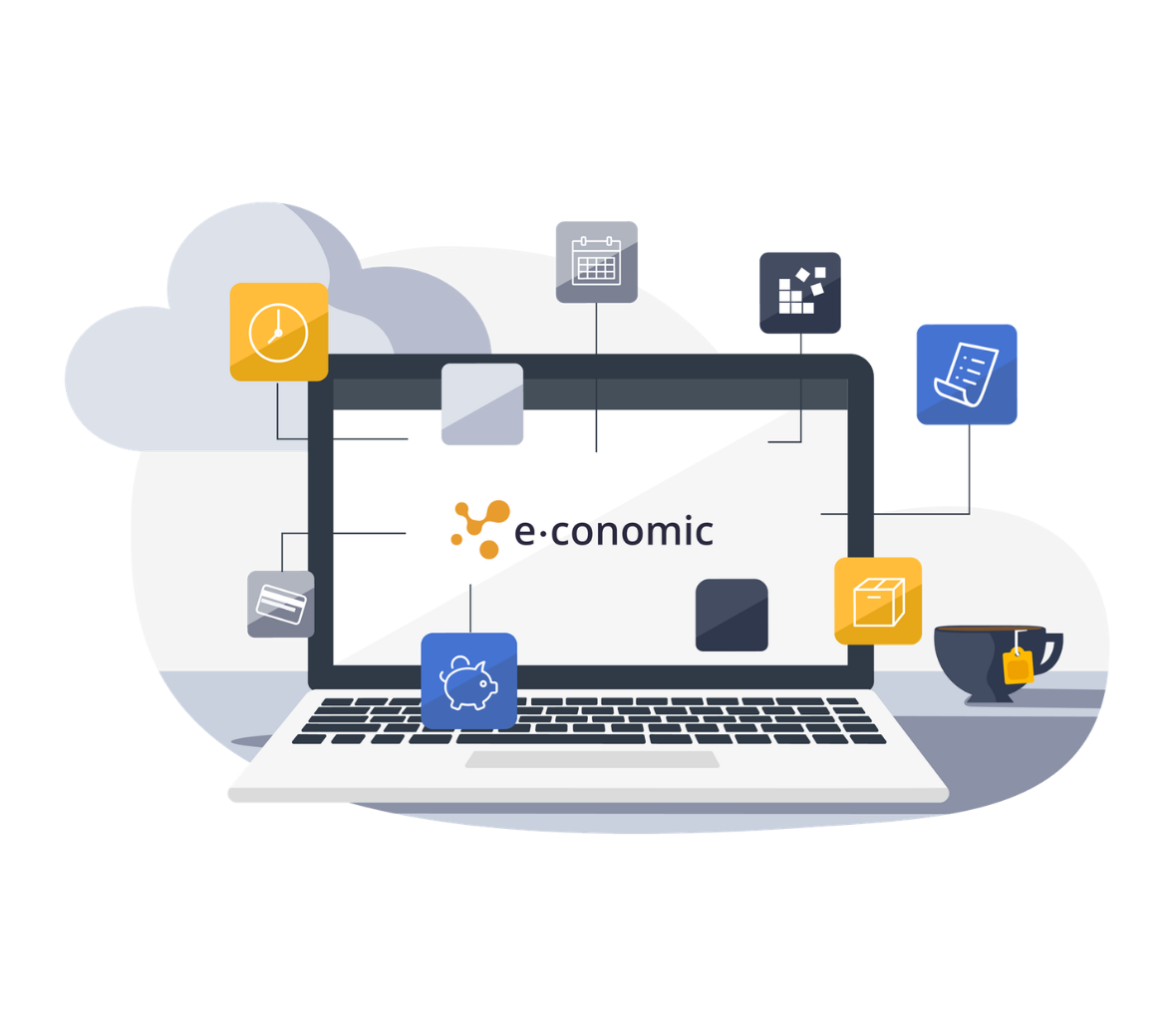 En illustration af en computer med en masse funktioner rundt omkring