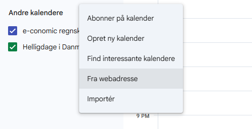 Et screenshot af indstillinger til at tilføje en kalender i Google Kalender