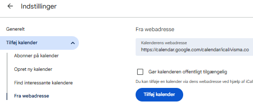 Et screenshot af indstillinger til at tilføje en kalender i Google Kalender