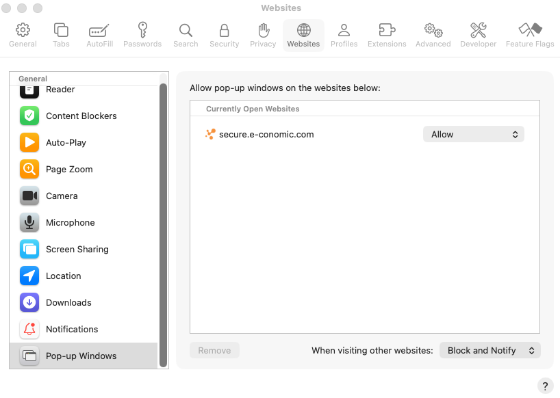 Viser indstilling for pop op-vinduer i browserens Websites-fane – bruges til at tillade pop op-vinduer for secure.e-conomic.com