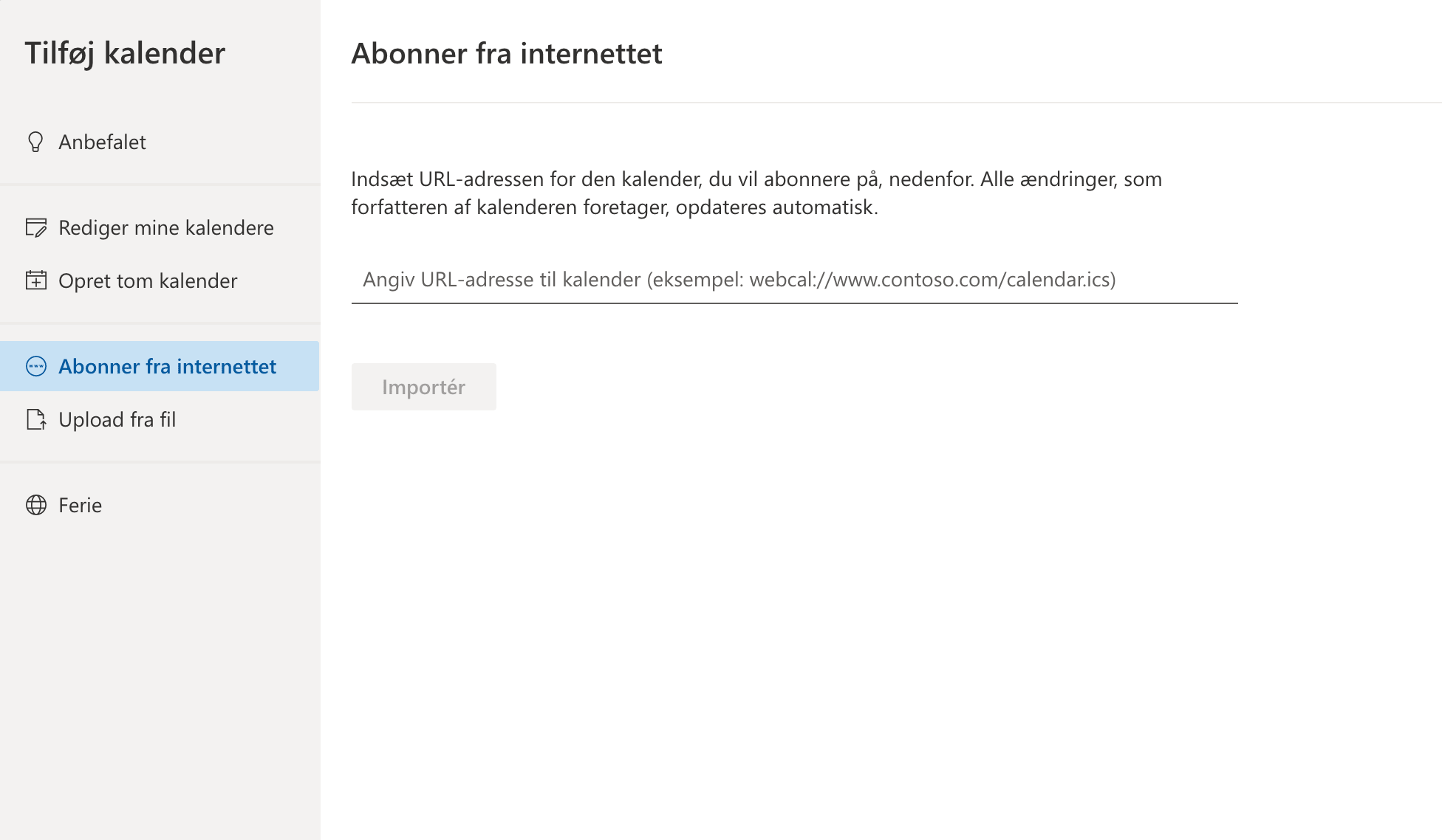 Et screenshot af indstillinger til at tilføje en kalender i Outlook Kalender