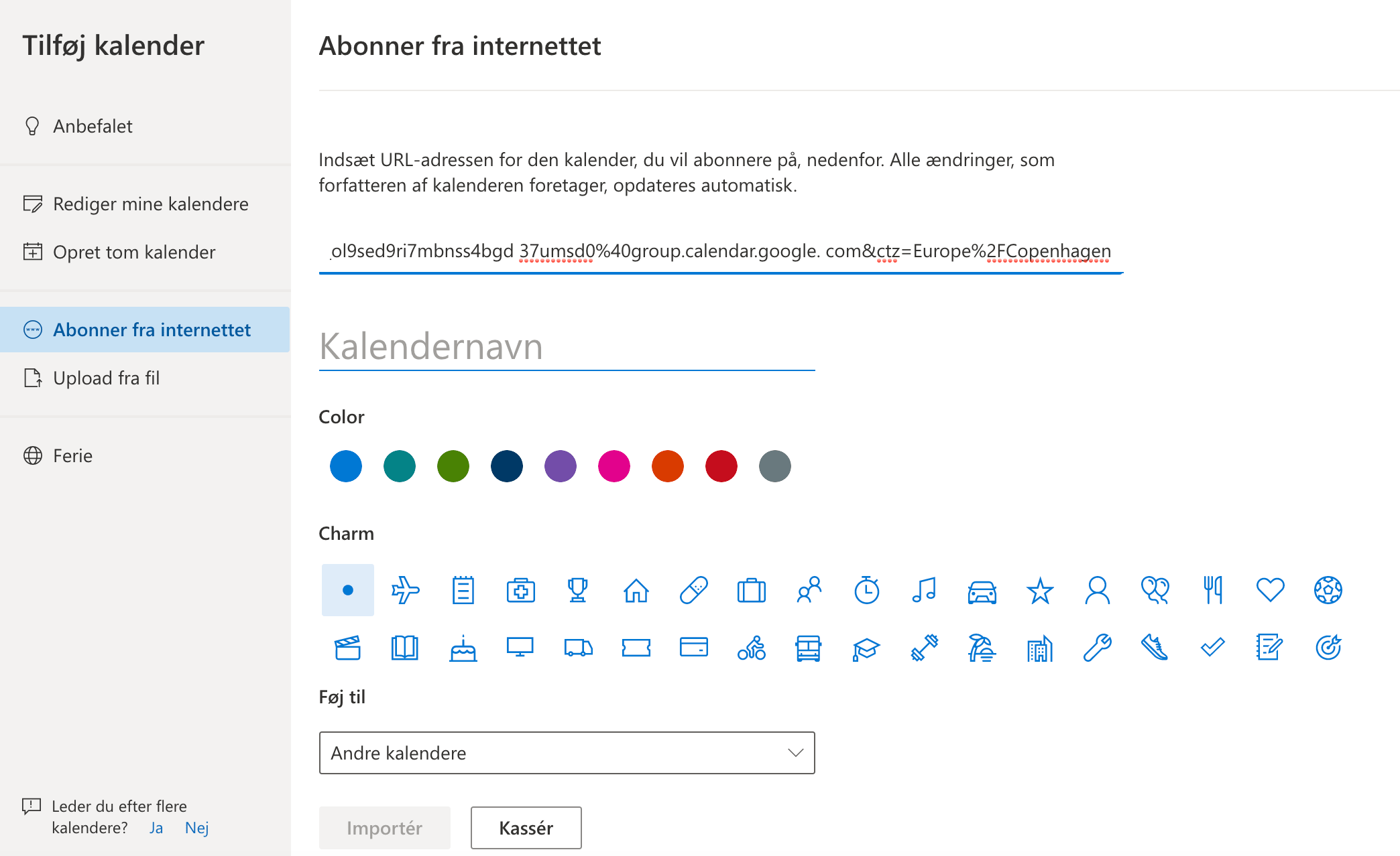 Et screenshot af indstillinger til at tilføje en kalender i Outlook Kalender